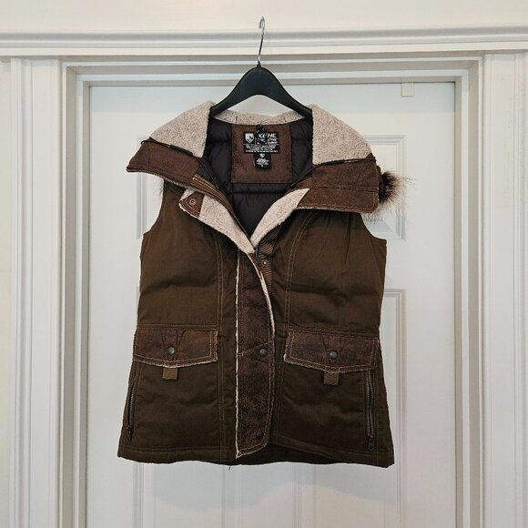 KUHL Arktik Goose Down Brown Vest Shearling Faux-Fur Trimmed Hood